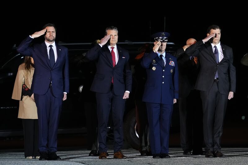 Vice President JD Vance, Defense Secretary Pete Hegseth, and Gen. Dan Caine, chairman of the Joint Chiefs of Staff, pictured pn March 9th as military personnel conduct a dignified transfer of Sgt. Benjamin N. Pennington, who was killed at Prince Sultan Air Base in Saudi Arabia Photograph: The New York Times