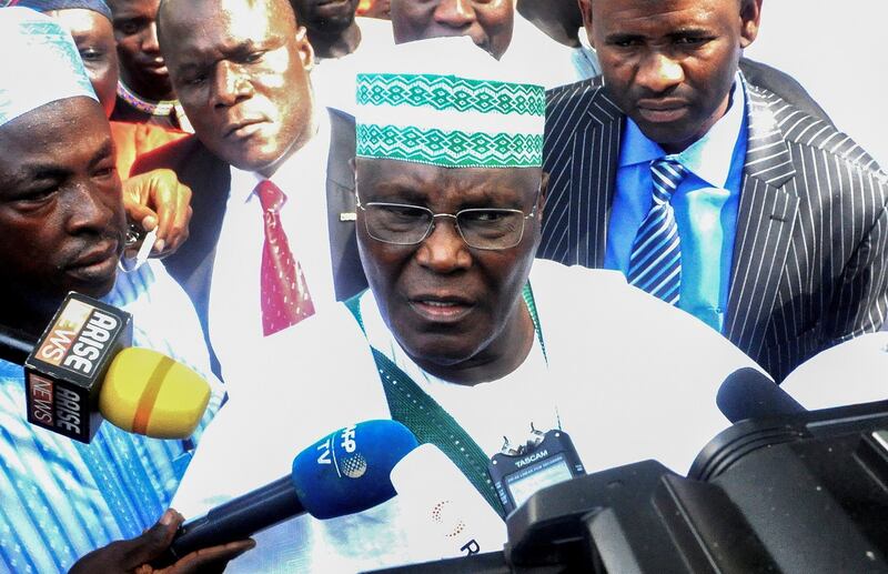 Peoples Democratic Party presidential candidate Atiku Abubakar talks to the media after casting his ballot in the presidential elections in Yola, Adamawa state, Nigeria on  February 23rd. Photograph: EPA/STR