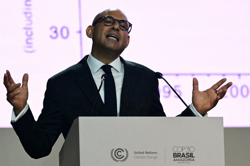 UN climate chief and UNFCCC executive secretary Simon Stiell delivers a speech during the COP30 UN climate change conference opening ceremony in Belem, Para State, Brazil last November. Photograph: Pablo Porciuncula/AFP via Getty Images          