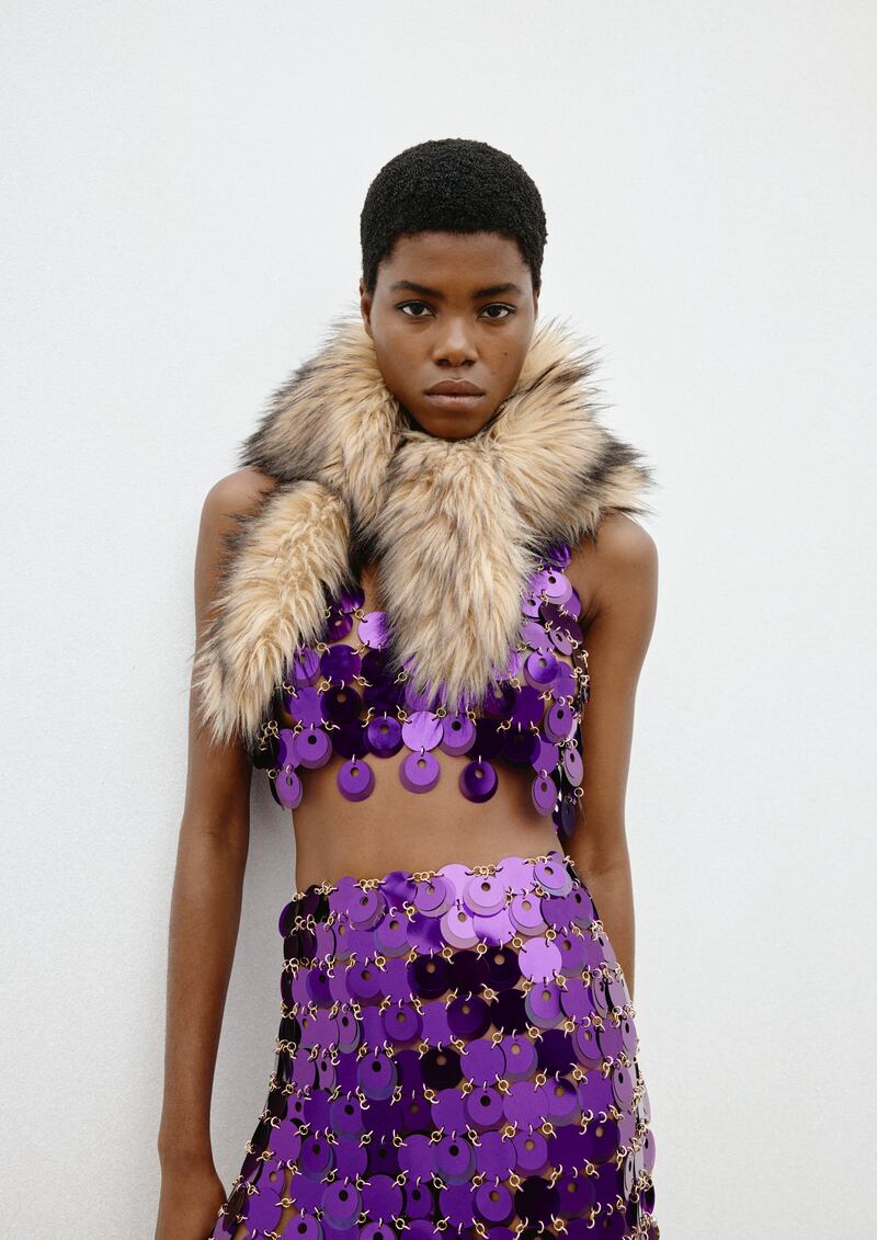 H&M x Rabanne: Purple disc top (€99), skirt (€199) and scarf (€69.99)