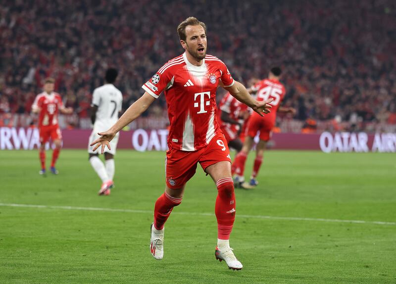Harry Kane celebrates scoring Bayern's second goal. Photograph: Lars Baron/Getty Images