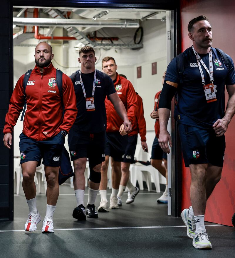 Jamison Gibson-Park, Dan Sheehan and Jack Conan arrive at the stadium in advance of the first Test against Australia. Photograph: Inpho