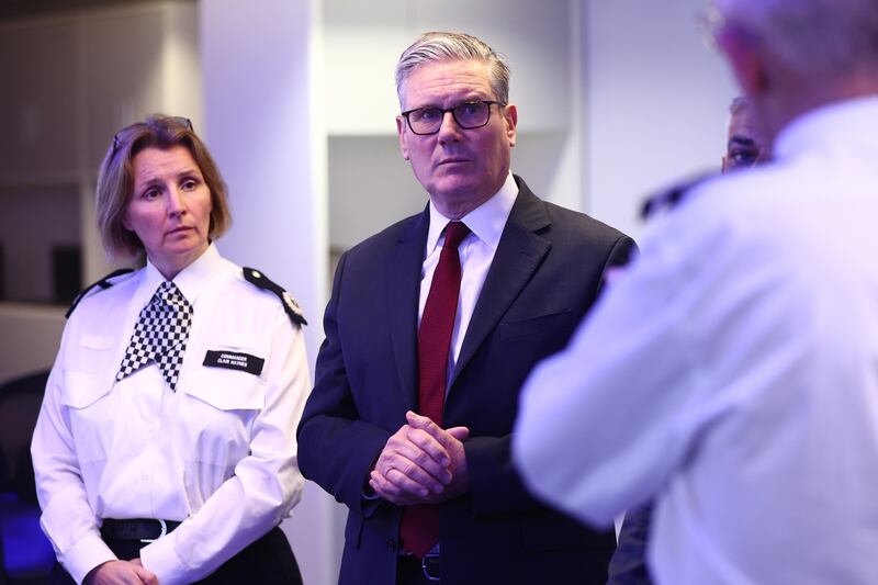 UK prime minister Keir Starmer meets police officers to discuss operational planning ahead of this weekend's protests in London. Photograph: Peter Nicholls/Getty Images