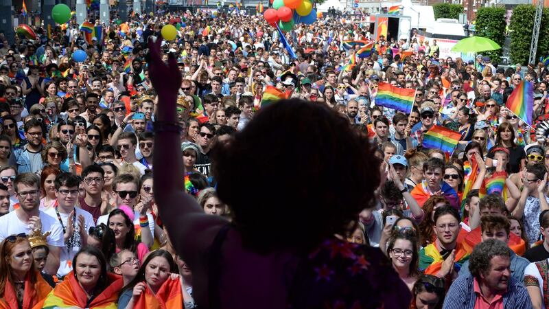Bunny from Belfast performing at the Dublin Pride Parade, at Smithfield Square, Dublin. Photograph: Dara Mac Dónaill