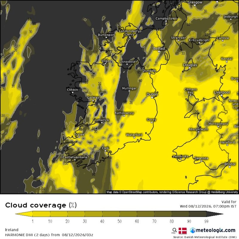 A meteologix.com image of cloud cover at maximum eclipse in Ireland at 7.10pm on August 12th, 2026