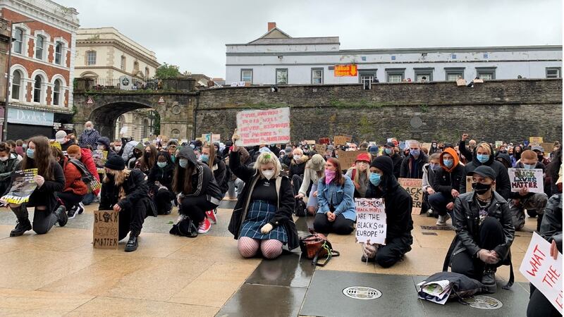 Protesters in Derry’s Guildhall Square showing solidarity with the Black Lives Matter movement in the US.  Photograph: Freya McClements