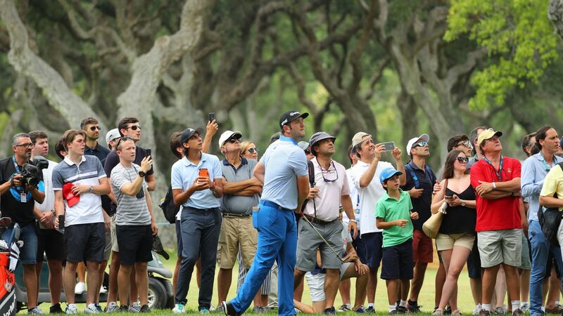 Spain’s Jon Rahm  hits his second shot on the ninth hole during day one of the Andalucia Masters at  Valderrama. Photograph: Warren Little/Getty Images