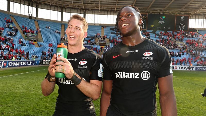 Liam Williams and Maro Itoje after Saracens’ win over Munster. Photograph: Billy Stickland/Inpho