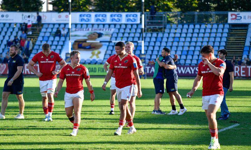 Munster’s Craig Casey and Shay McCarthy after the game against Zebre. Photograph: Luca Sighinolfi/Inpho