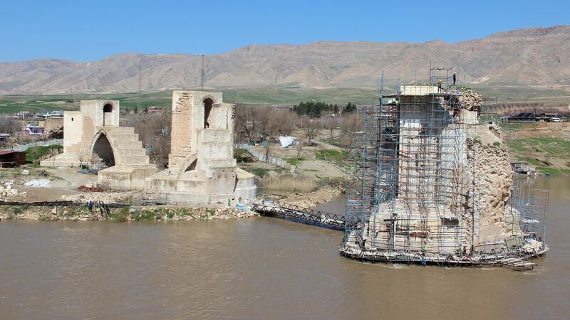 These 850-year-old bridge piers are being reinforced to maintain their shape aftey they are submerged by the reservoir. Photograph: Stephen Starr