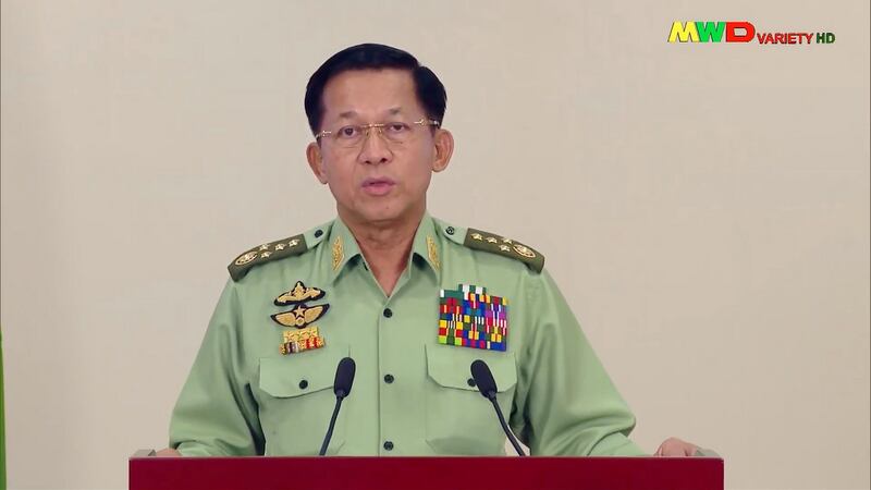 Myanmar’s military chief General Min Aung Hlaing making a televised address on Monday. Photograph: Myawaddy TV/AFP via Getty Images