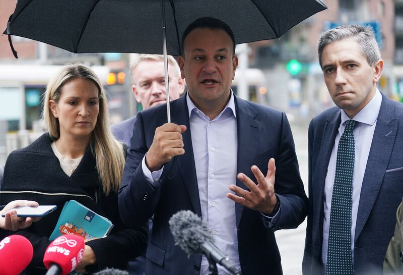 Taoiseach Leo Varadkar with Helen McEntee and Simon Harris following a morning canvass of commuters. Photograph: Brian Lawless/PA Wire