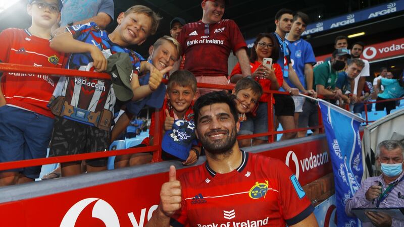 Damian de Allende with fans after Munster’s United Rugby Championship game against the Vodacom Bulls  at Loftus Versfeld Stadium in  Pretoria. Photograph:  Steve Haag/Inpho