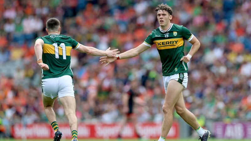 Kerry’s Seán O'Shea celebrates a point with David Clifford during the All-Ireland quarter-final against Armagh. Photograph: James Crombie/Inpho