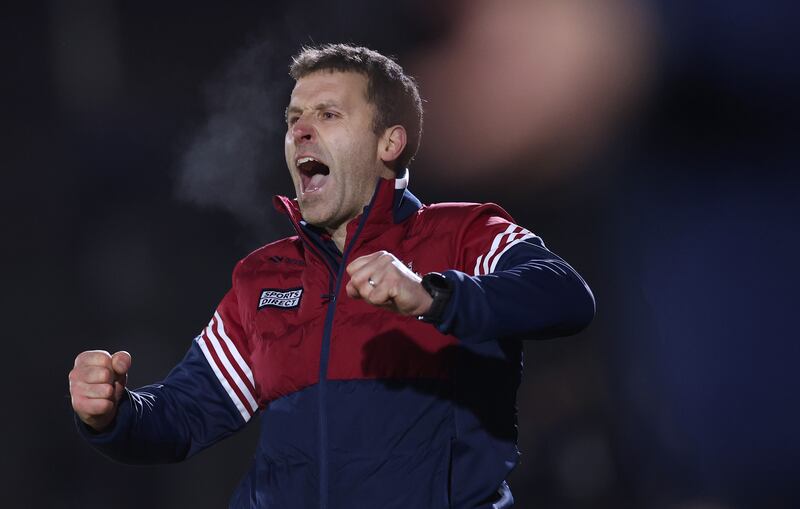 Cork’s manager Ben O'Connor celebrates after his side scored their second goal. Photograph: James Crombie/Inpho