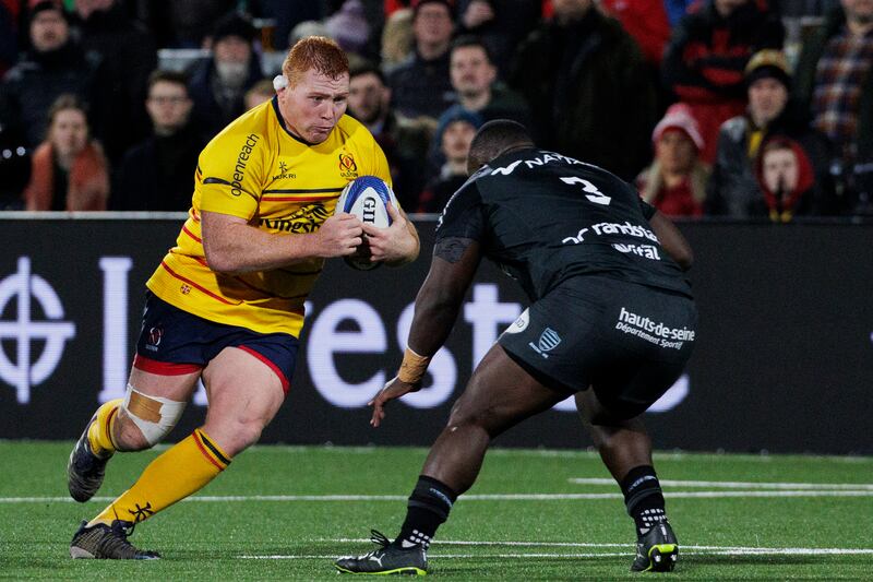 Ulster's Steven Kitshoff (left) in action against Racing 92's Trevor Nyakane. Photograph: Liam McBurney/PA Wire