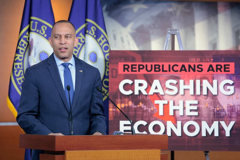 Democratic House minority leader Hakeem Jeffries at his weekly press conference at the US Capitol Building on Wednesday. Photograph: Anna Moneymaker/Getty Images