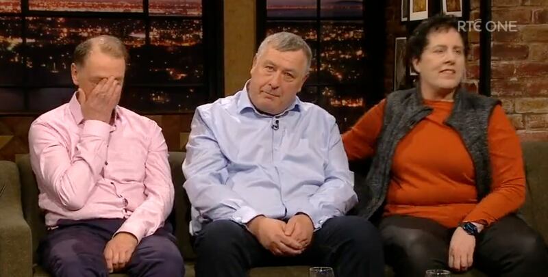 Mark Ryan (centre) with David Ryan and their friend Maura Harmon on the Late Late Show in December 2022