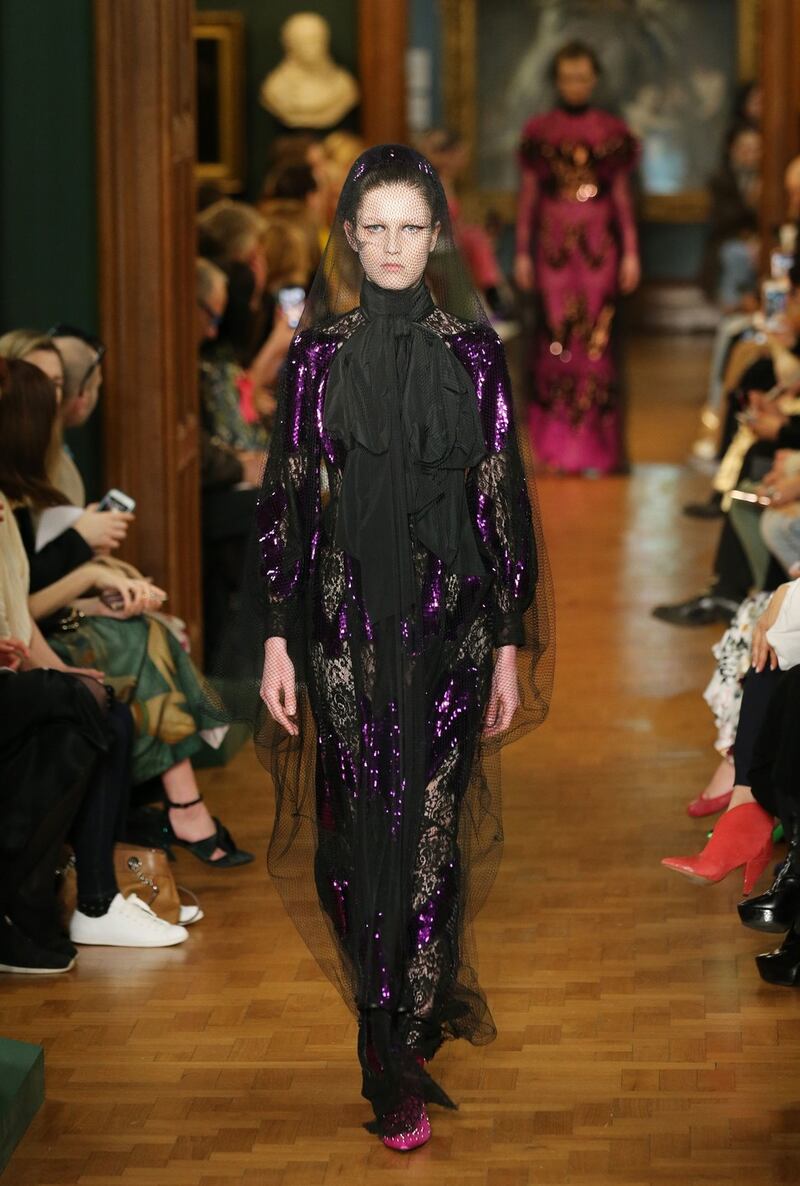 Erdem Autumn/Winter 2019 London Fashion Week show at The National Portrait Gallery, London. Photograph:  Isabel Infantes/PA Wire