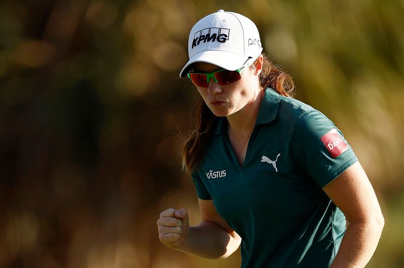 Leona Maguire reacts after a putt on the 16th green during the third round of the CME Group Tour Championship at Tiburon Golf Club in Naples, Florida. Photograph; Douglas P. DeFelice/Getty Images