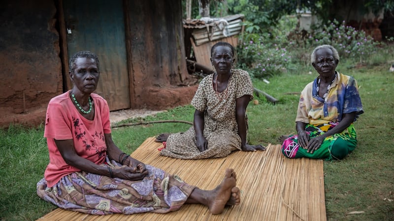 Akello Madelena (72), Adok Joska (76) and Lalam Elvera (80) are struggling with a lack of food during the coronavirus lockdown. Photograph: Sally Hayden