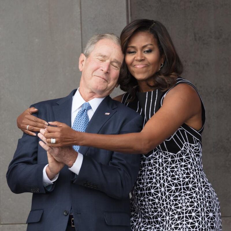 Michelle Obama: with George W Bush in 2016. Photograph: David Hume Kennerly via Bank of America/Getty