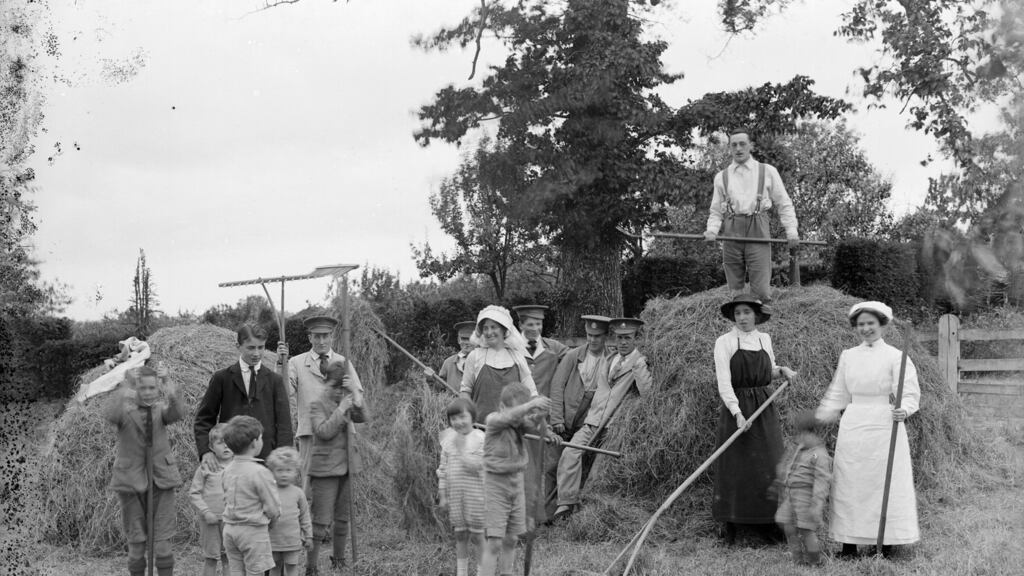 Convalescent soldiers helping the women and children with haymaking, Great Dixter, East Sussex, 1916. Photograph: English Heritage/Heritage Images/Getty