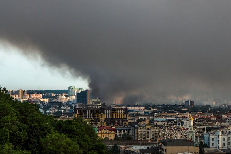 Clouds of smoke rise above the Ukrainian capital Kyiv following an overnight attack involving Russian drones and missiles. Photograph: Maxym Marusenko/EPA