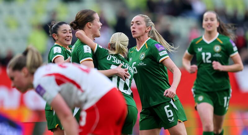 Emily Murphy celebrates awith Marissa Sheva, Denise O'Sullivan and Megan Connolly after scoring Ireland's first goal. Photograph: Ryan Byrne/Inpho