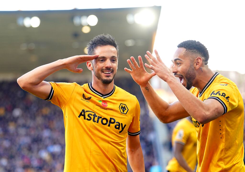 Wolverhampton Wanderers' Pablo Sarabia celebrates with team-mate Matheus Cunha. Photograph: David Davies/PA Wire