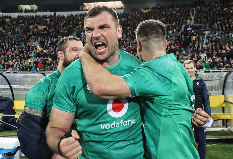 Tadhg Beirne and Johnny Sexton celebrate at the end of the third Test against New Zealand at Sky Stadium in Wellington in July. Photograph: 
Billy Stickland/Inpho