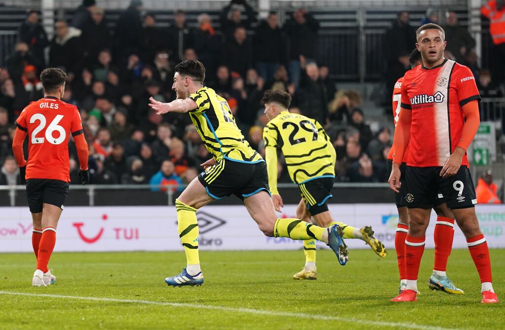 Arsenal's Declan Rice (second left) celebrates scoring the winner against Luton. Photograph: Joe Giddens/PA Wire