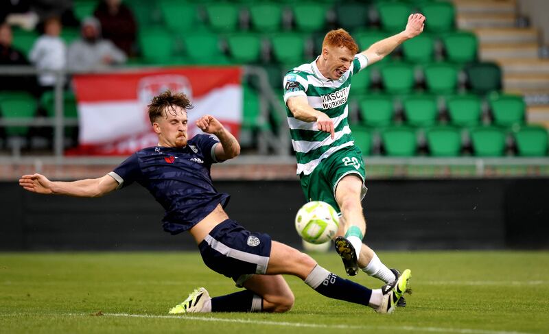 Rory Gaffney scores the second goal of the game. Photograph: Ryan Byrne/INPHO