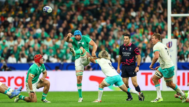 2023 Rugby World Cup Pool B, Stade de France, Saint-Denis, France 23/9/2023
South Africa vs Ireland
Ireland’s Tadhg Beirne kicks under pressure from Faf de Klerk of South Africa late in the game
Mandatory Credit ©INPHO/James Crombie