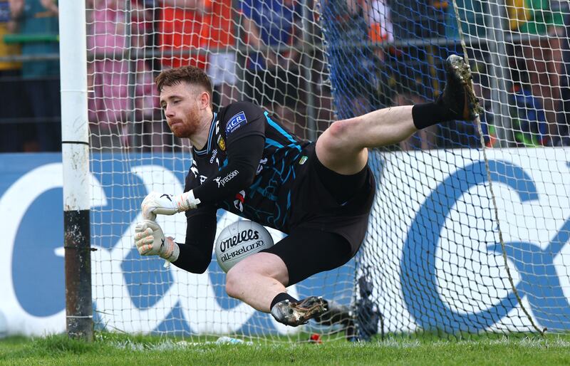 Donegal goalkeeper Shaun Patton saving a penalty to win the Ulster  senior championship final in Clones, Co Monaghan. Photograph: James Crombie/Inpho