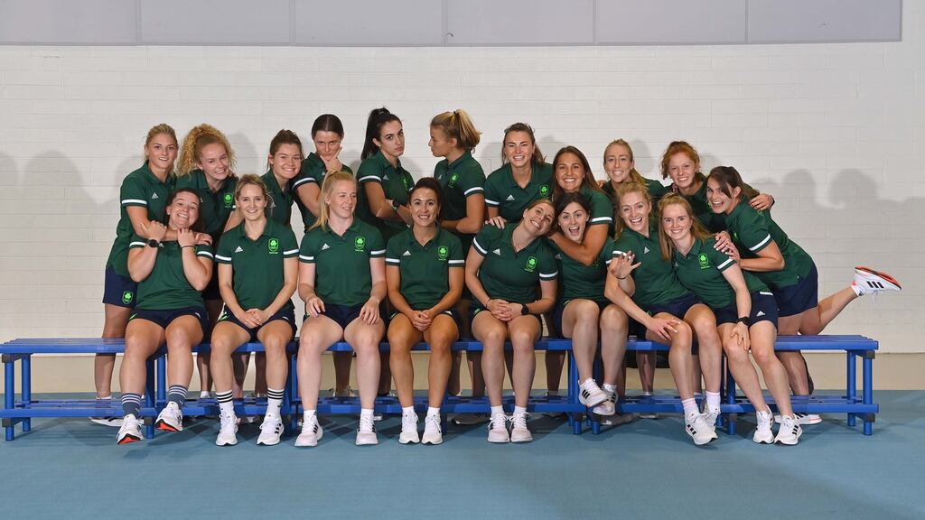 Team Ireland players, back row from left: Chloe Watkins, Michelle Carey, Sarah Torrans, Liz Murphy, Hannah McLoughlin, Zara Malseed, Deirdre Duke, Lena Tice, Sarah Hawkshaw, Sarah McAuley and Lizzie Holden. Front row from left: Shirley McCay, Nicci Daly, Ayeisha McFerran, Anna O’Flanagan, Katie Mullan, Roisin Upton, Hannah Matthews and Naomi Carroll. Photograph Brendan Moran/Sportsfile