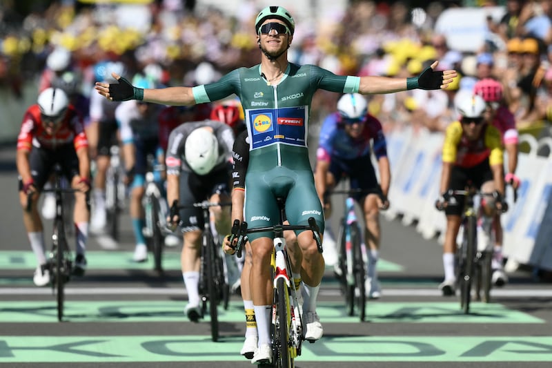 Italian rider Jonathan Milan wins the eighth stage of the Tour de France between Saint-Meen-le-Grand and Laval Espace Mayenne. Photograph: Marco Berorello/AFP via Getty Images