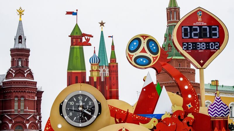 The digital Fifa World Cup 2018 countdown clock in Red Square and the Kremlin in Moscow.  Photograph: Mladen Antonov/Getty.