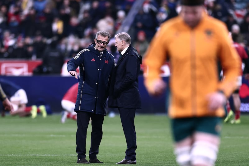France head coach Fabien Galthie speaks with Australia head coach Joe Schmidt before the game. Photograph: Thibaud Moritz/AFP via Getty Images