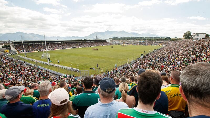 Kerry and Mayo fans await the start of the super eights game at Fitzgerald Stadium in July 2019. Photograph: James Crombie/Inpho