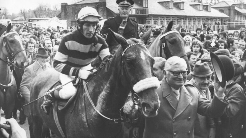 Tommy Carberry on L’Escargot after winning the grand national at aintree racecourse in April 1975. Photograph: Allsport Hulton/Archive