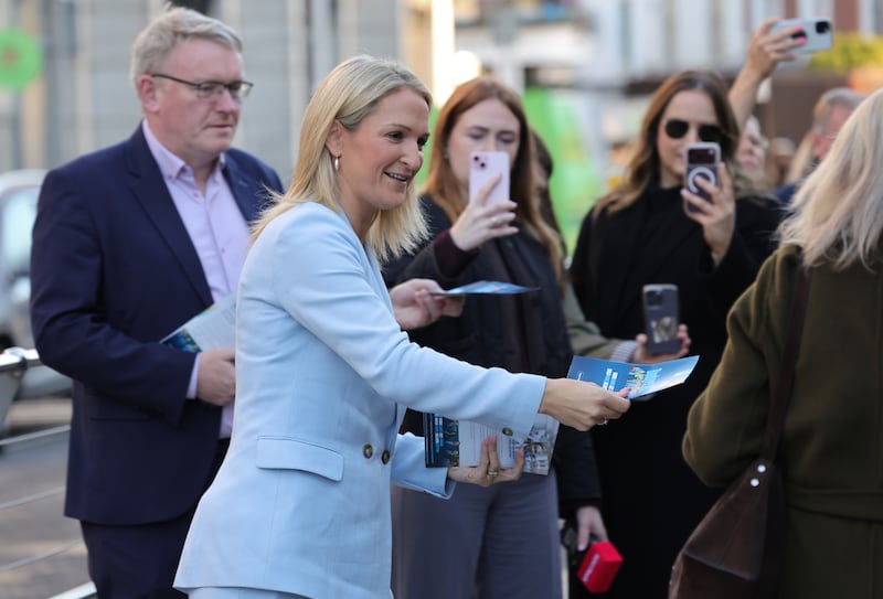 Minister for Foreign Affairs Helen McEntee with party colleagues handing out literature explaining the budget at Stephens Green in Dublin. Photograph: Bryan O’Brien / The Irish Times