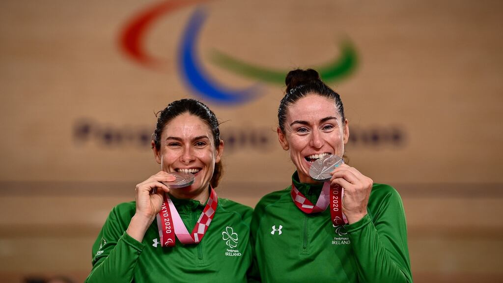 Katie George Dunlevy and Eve McCrystal of Ireland with their silver medals after the women’s B 3,000 metre individual pursuit final medal ceremony at the Izu Velodrome in Shizuoka. Photograph: David Fitzgerald/Sportsfile