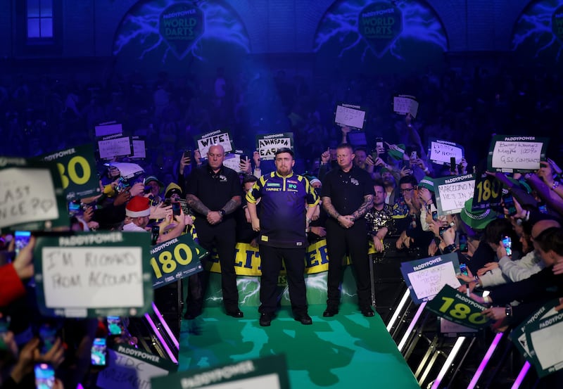 Luke Littler ahead of his walk on before the Round One match against Darius Labanauskas. Photograph: Andrew Redington/Getty Images