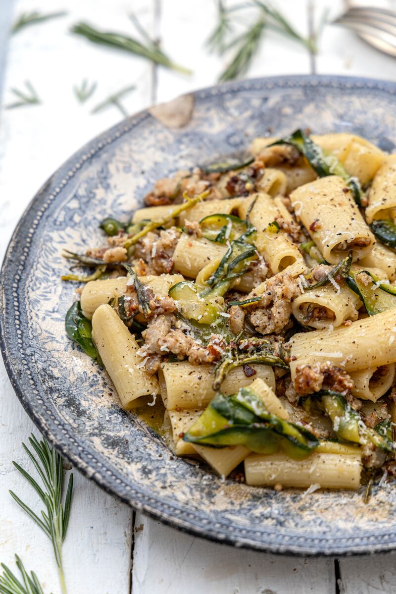Sausage, courgette and rosemary rigatoni. Photograph: Harry Weir