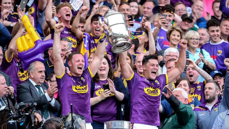 Wexford’s Matthew O’Hanlon and Lee Chin lift the trophy. Photograph: Gary Carr/Inpho