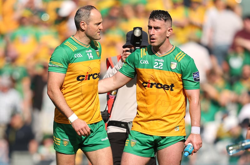 Donegal's Michael Murphy and Patrick McBrearty celebrate Photograph: Bryan Keane/Inpho