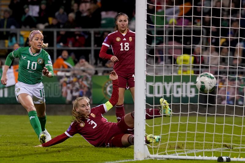 Hungary's Henrietta Csiszar (centre) puts the ball into her own net. Photograph: Brian Lawless/PA Wire

