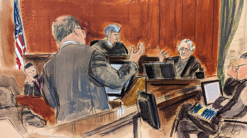 Robert De Niro, seated background right, is questioned by his lawyer Laurent Drogin, foreground, with Judge Lewis J Liman presiding, background centre, in Manhattan federal court in New York in courtroom sketch
