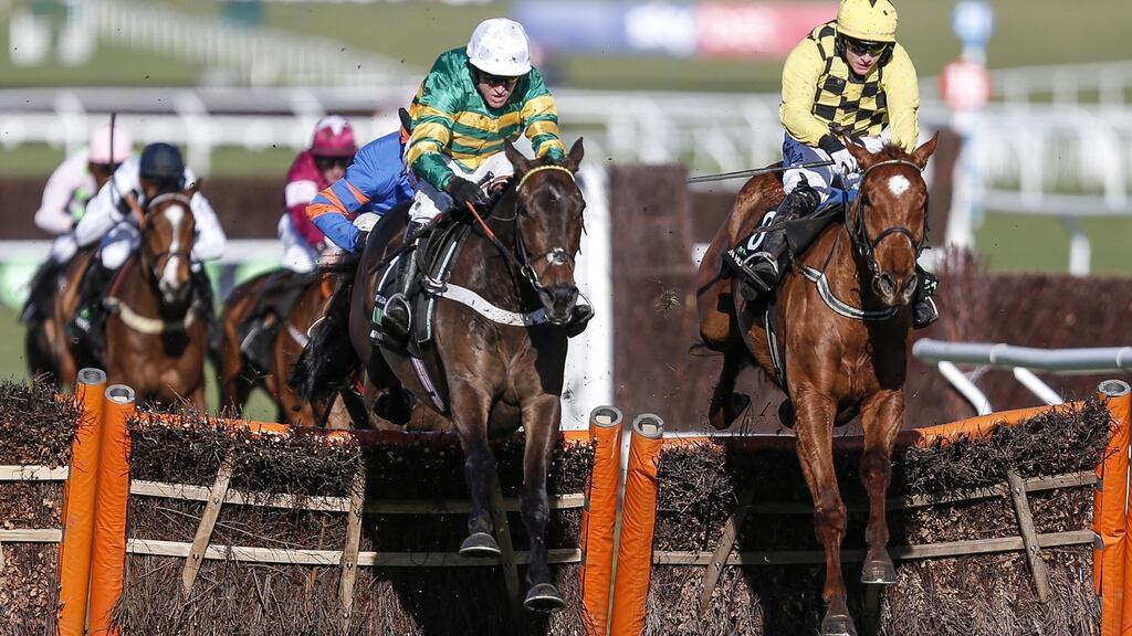 Barry Geraghty riding Buveur D’Air (left) pipped  Melon by a neck to claim the Champion Hurdle at Cheltenham last March. Photo by Alan Crowhurst/Getty Images)